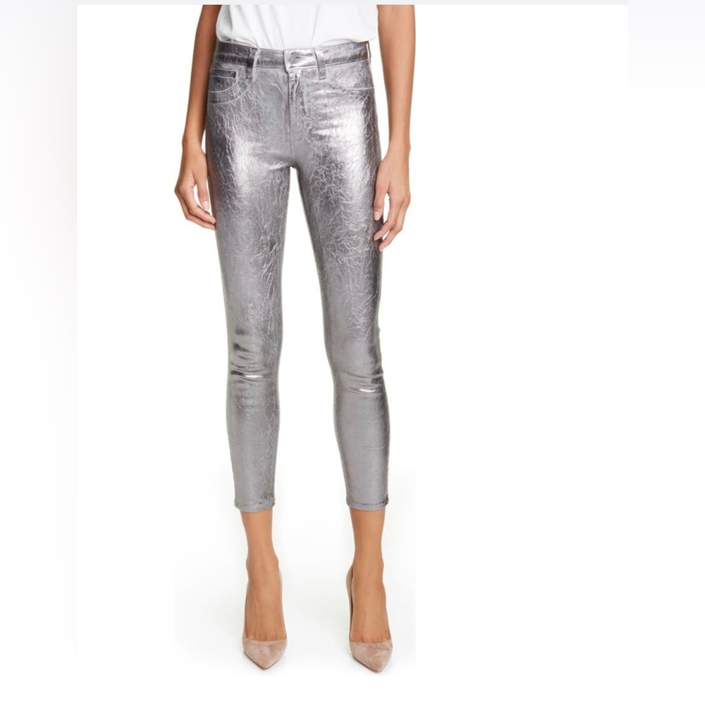 NWT L’AGENCE Margot High Rise Cloud/Gunmetal Coated Crkl Foil Skinny Jeans
